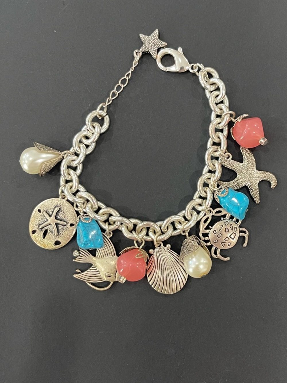 Avon Silver-Tone Beach Charm Bracelet with Coral Pink & Turquoise Blue Accents